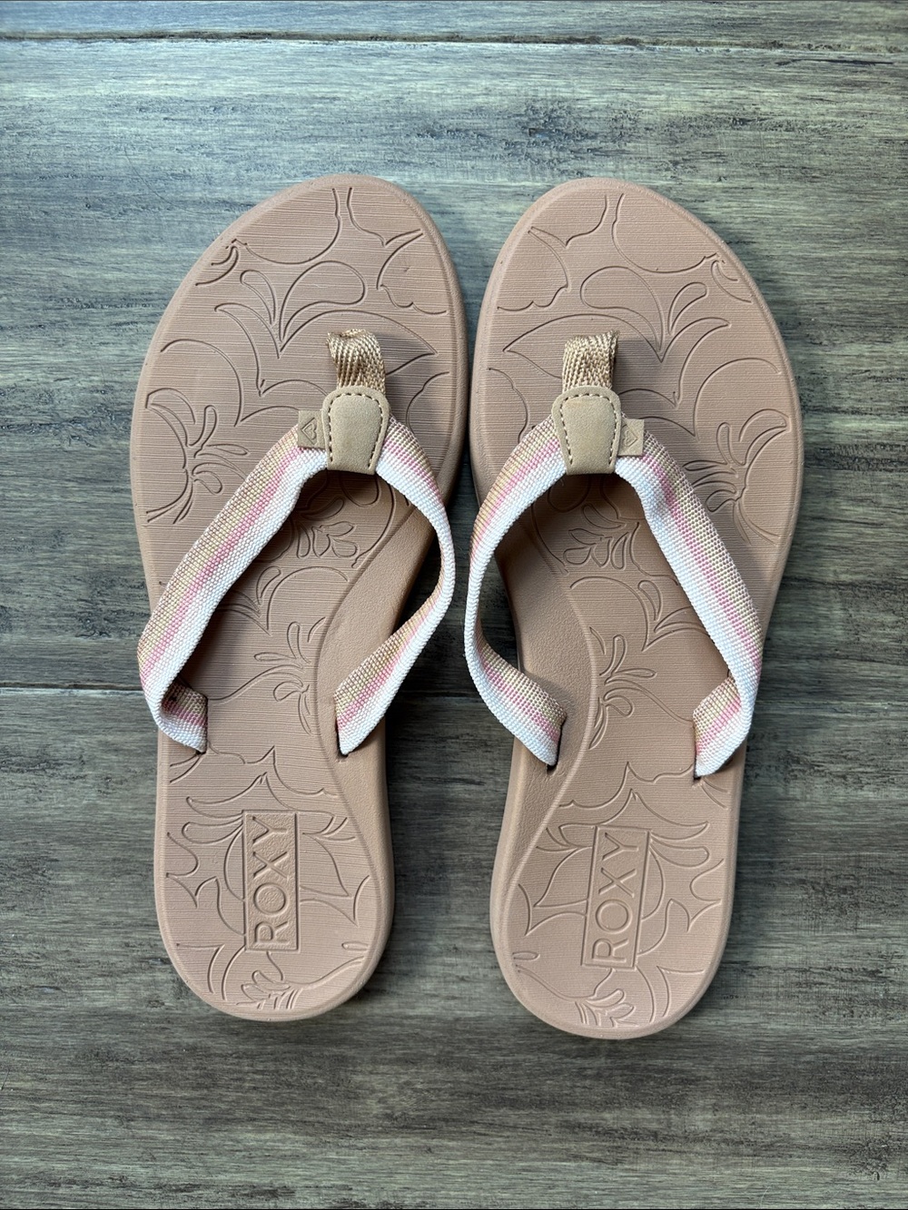 Roxy Pink and Taupe Striped-Trim Flip Flops